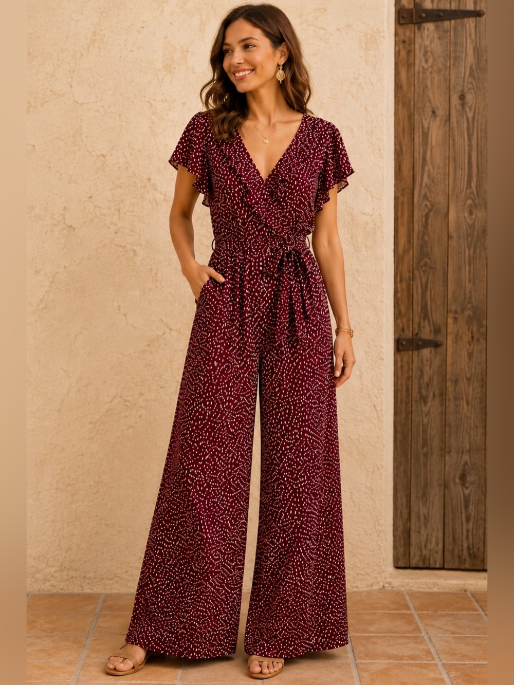 NWT Roxy Burgundy/White Printed Wide-Leg Jumpsuit - Size XL